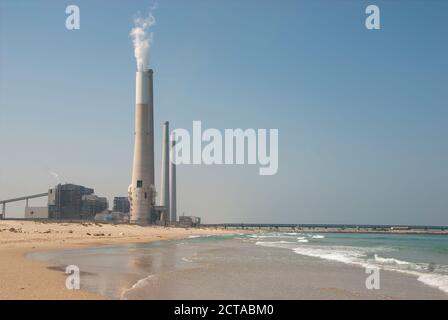 Orot Rabin power station on a lonely Mediterranean coast during coronavirus quarantine, Hadera, Israel Stock Photo