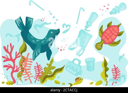Ecological concept of saving oceans and seas clean, vector illustration banner. Stock Vector