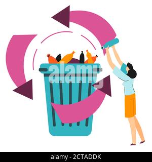 Plastic waste recycling process, bin with litter and arrows Stock Vector