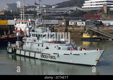 Border Force vessel, HMC Seeker,in Dover marina in Kent, after a small boat incident in the English Channel. Stock Photo