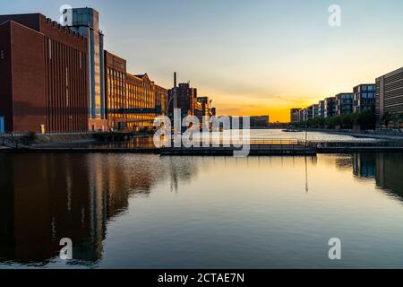 The inner harbour, Duisburg, historic inland port, former mills and storage buildings, modern office buildings, NRW, Germany Stock Photo