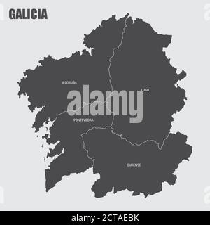 The Galicia region map divided in provinces with labels, Spain Stock Vector