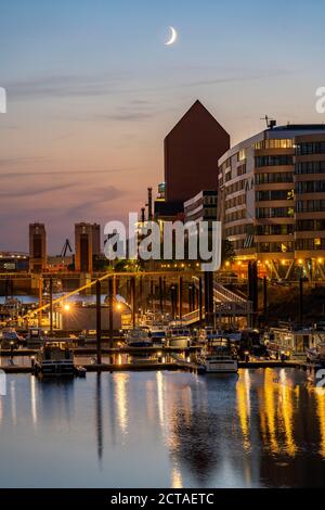 The Inner Harbor, Duisburg, Tower of the NRW State Archive, NRW, Germany, Stock Photo