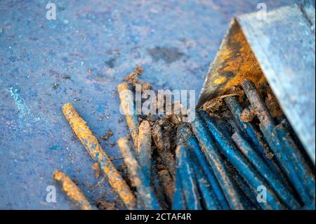 Old metal studs covered in rust, close-up, selective focus Stock Photo