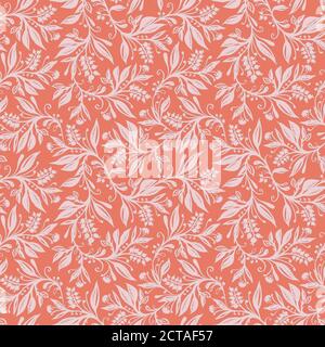 Floral seamless pattern with leaves and berries in coral and pink colors, hand-drawn and digitized. Design for wallpaper, textile, fabric, wrapping, background. Stock Vector