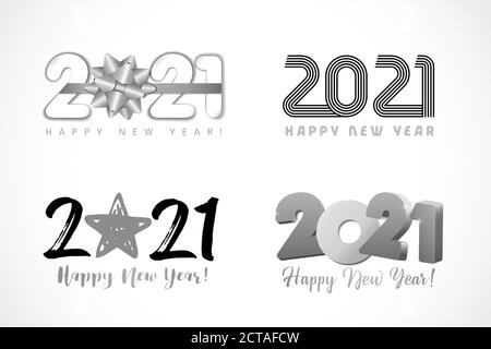 Big Set of 2021 Happy New Year logo text design. 2021 number design template. Collection of 20 21 happy new year symbols with bow, line art, star and Stock Vector