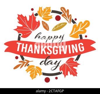 Happy Thanksgiving banner with autumn leaves and ribbon Stock Vector