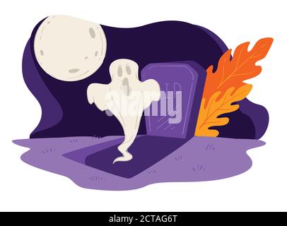 Ghost raising from grave in full moon, halloween mysteries Stock Vector