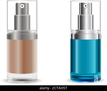 Fasial base dispenser pump spray cosmetic bottles set. Realistic 3d package with transparent lid for different products. High quality vector design wi Stock Vector