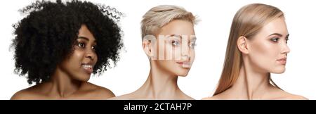 Multi-ethnic beauty. Different ethnicity and beautiful young women isolated on white background. Flyer for ad. Concept of beauty, fashion, healthcare, skincare. Interracial and multiculturalism. Stock Photo