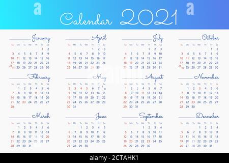 2021 Calendar Templat. 12 mounths. Sunday is highlighted in red. Vector editable template 10 EPS. Horizontal poster, banner, web Stock Vector