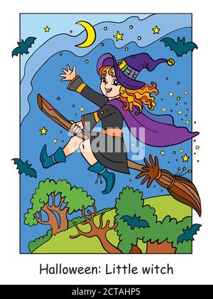 Colorful Halloween cute little witch flying on broom Stock Vector
