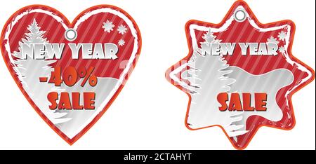 Heart and star shape Red New Year, christmas sale paper tags set with paper cut elements with discount text for christmas holiday shopping promotion. Stock Vector