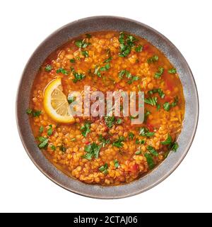 Red lentils tomato soup with parsley and lemon in gray plate isolated on white backdrop. Vegetarian dish. Stock Photo