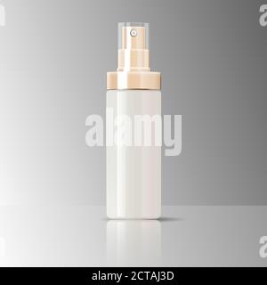 Cosmetics bottle can sprayer container in realistic glossy glass or plastic material. Atomizer dispenser spray mockup template for cream, emulsion, an Stock Vector