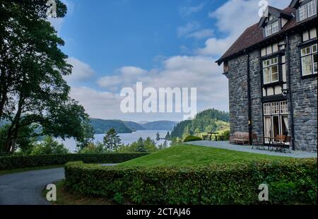 View along Lake Vyrnwy from the Lake Vyrnwy Hotel at Lake Vyrnwy, Powys, Wales Stock Photo