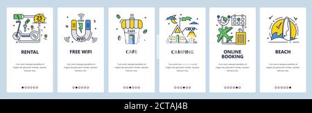 Summer camping outdoor activity. Campsite with tents, wifi, cafe. Mobile app screens, vector website banner template. Stock Vector