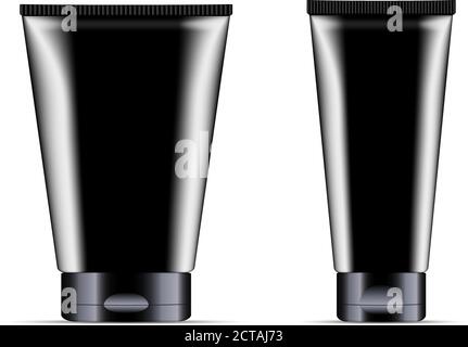 Cream or ointment cosmetic tubes set with black color design. Realistic package vector illustration. 3d mockup template isolated on white. Stock Vector