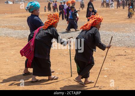 Old women dressed with traditional ethnic colorful costumes during Pa-o festival in Burma Myanmar Stock Photo