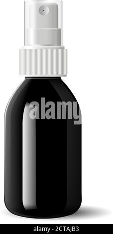 Realistic black glossy glass or plastic Cosmetic bottle can sprayer container. Dispenser cockup template for cream, soups, and other cosmetics or medi Stock Vector