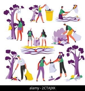 Volunteers caring for ecology and environment, people collecting garbage Stock Vector