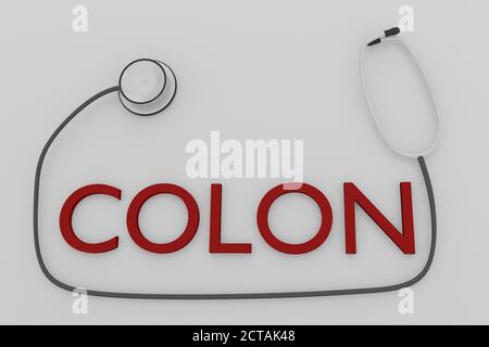 3D illustration of COLON script with stethoscope, isolated over pale gray background. Stock Photo
