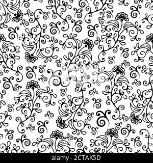 Swirl floral abstract seamless pattern, black and white ornament with curls, petals and flower buds. For fabric design, wallpaper, wrapper, surface Stock Vector