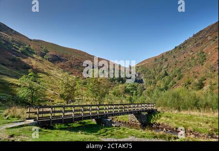 A bridge crossing the Afon Eiddew towards the Pistyll Rhyd-y-mainciau waterfall at Lake Vyrnwy, Powys, Wales Stock Photo
