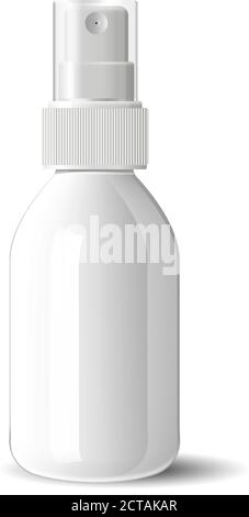 Realistic white glossy glass or plastic Cosmetic bottle can sprayer container. Dispenser cockup template for cream, soups, and other cosmetics or medi Stock Vector