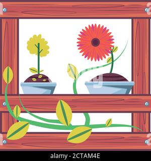 flowers inside pots in shelf detailed style icon design, natural floral nature plant ornament garden decoration and botany theme Vector illustration Stock Vector