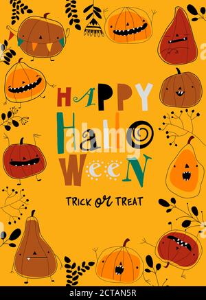 Frame with cartoon pumpkins on yellow background Stock Vector