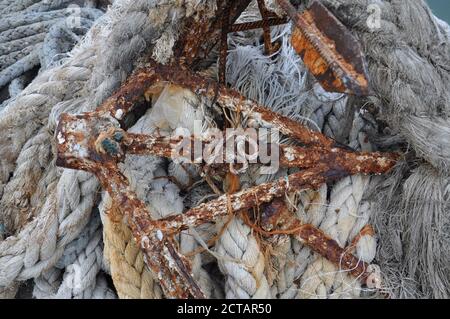Aerial view of a rusty, barnacle covered metal anchor, lying on a pile of thick jute ropes. Stock Photo
