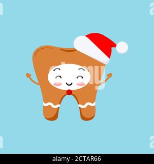 Cute Christmas tooth in gingerbread costume with red santa hat icon in flat cartoon style isolated on background. Stock Vector