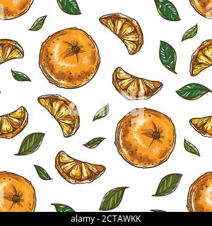 Citrus and herbs, mandarins and mint leaves seamless pattern Stock Vector