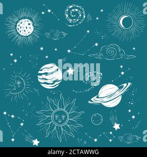 Solar system, planets with asteroids and stars vector Stock Vector