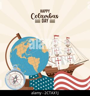 happy columbus day celebration with set icons poster vector illustration design Stock Vector