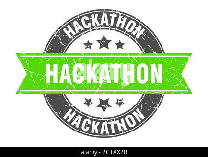 hackathon round stamp with ribbon. sign. label Stock Vector