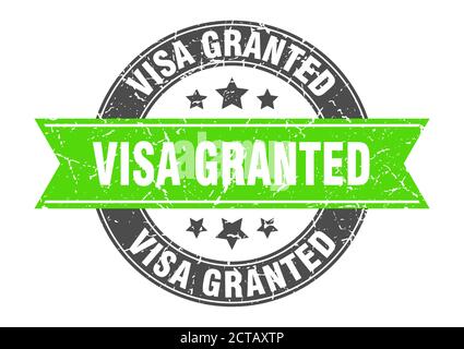 visa granted round stamp with ribbon. sign. label Stock Vector