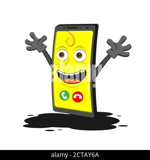 funny cartoon smartphone in boots hat with basket for Halloween on a green background. Vector image Stock Vector