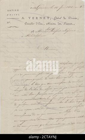 Andre Vernet to Antoine Laussat, text, Correspondence, 1805, Vernet, André Stock Photo
