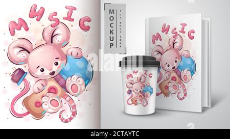 Mouse with microphone - poster and merchandising. Stock Vector