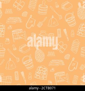 Sauna and Bathhouse accessories. Hand drawn seamless pattern. Stock Vector