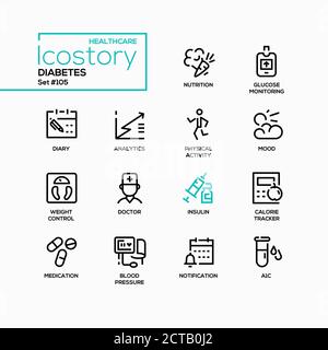 Diabetes - vector line design style icons set Stock Vector
