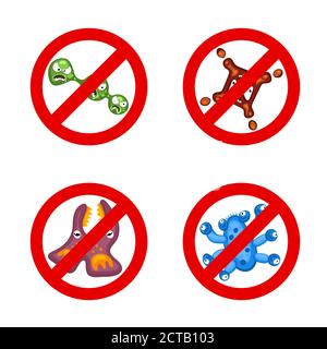 Stop spread virus symbol set. Cartoon germ characters prohobition vector illustration on white background. Microorganism bacteria infection danger character. Microbe viruses and diseases protection Stock Vector