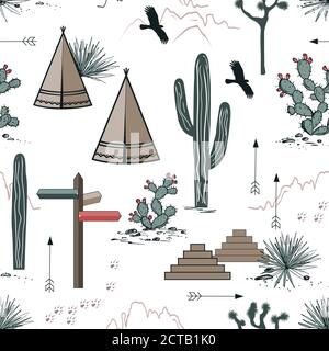 Adventure seamless pattern with wild desert nature, rocks, saguaro, wigwams, and arrows. Vector background design for wallpapers, textile, tapestry Stock Vector