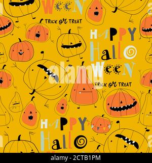 Seamless pattern with cartoon pumpkins on yellow background Stock Vector