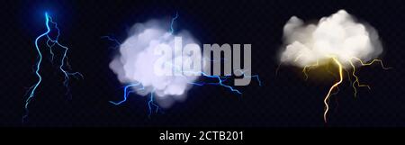 Lightnings, thunderbolt strikes from storm clouds at night. Vector realistic set of blue and yellow electric impacts in sky, sparking discharge of thunderstorm isolated on dark transparent background Stock Vector