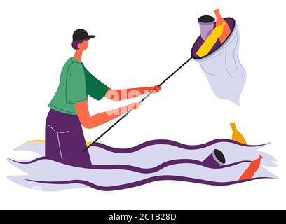 Male character collecting litter from ocean or sea waters Stock Vector