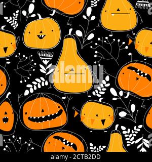 Seamless pattern with cartoon pumpkins on black background Stock Vector