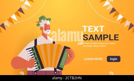 musician playing accordion on folk festival Oktoberfest party celebration concept man in german traditional clothes having fun portrait horizontal copy space vector illustration Stock Vector
